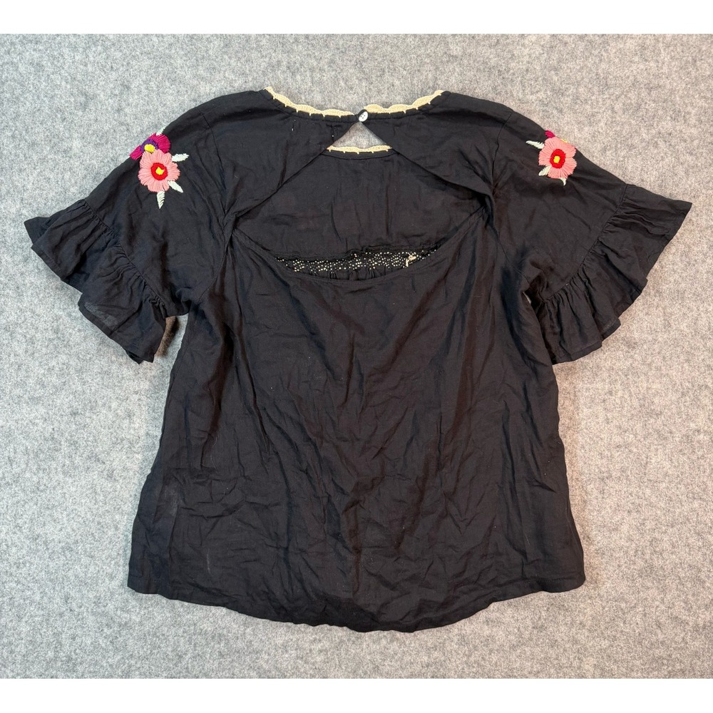 THML Womens Boho Whimsy Embroidered Cotton Ruffle Top Black Floral M - Picture 6 of 7